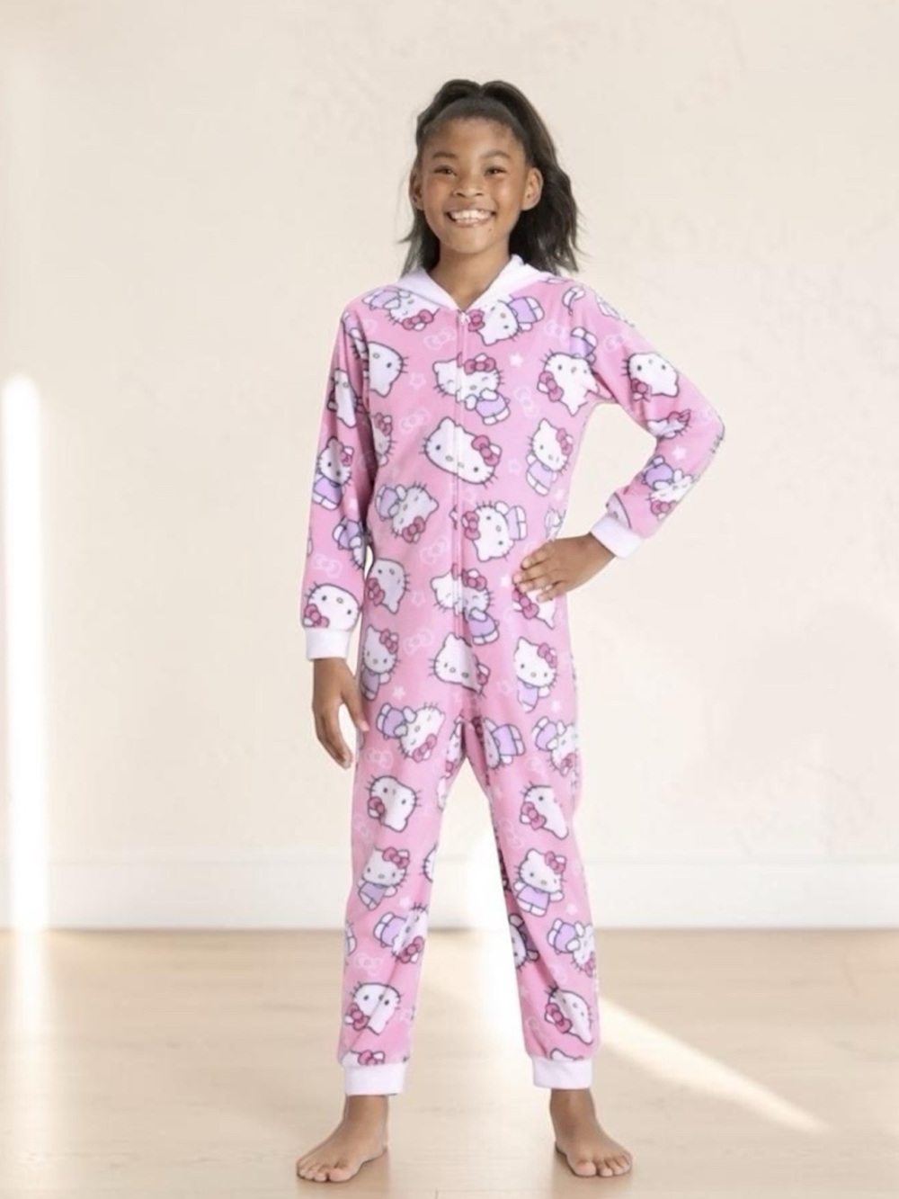 NWT, Hello Kitty Girls Pink Fleece Hooded One Piece Pajamas‎ Size L 10/12